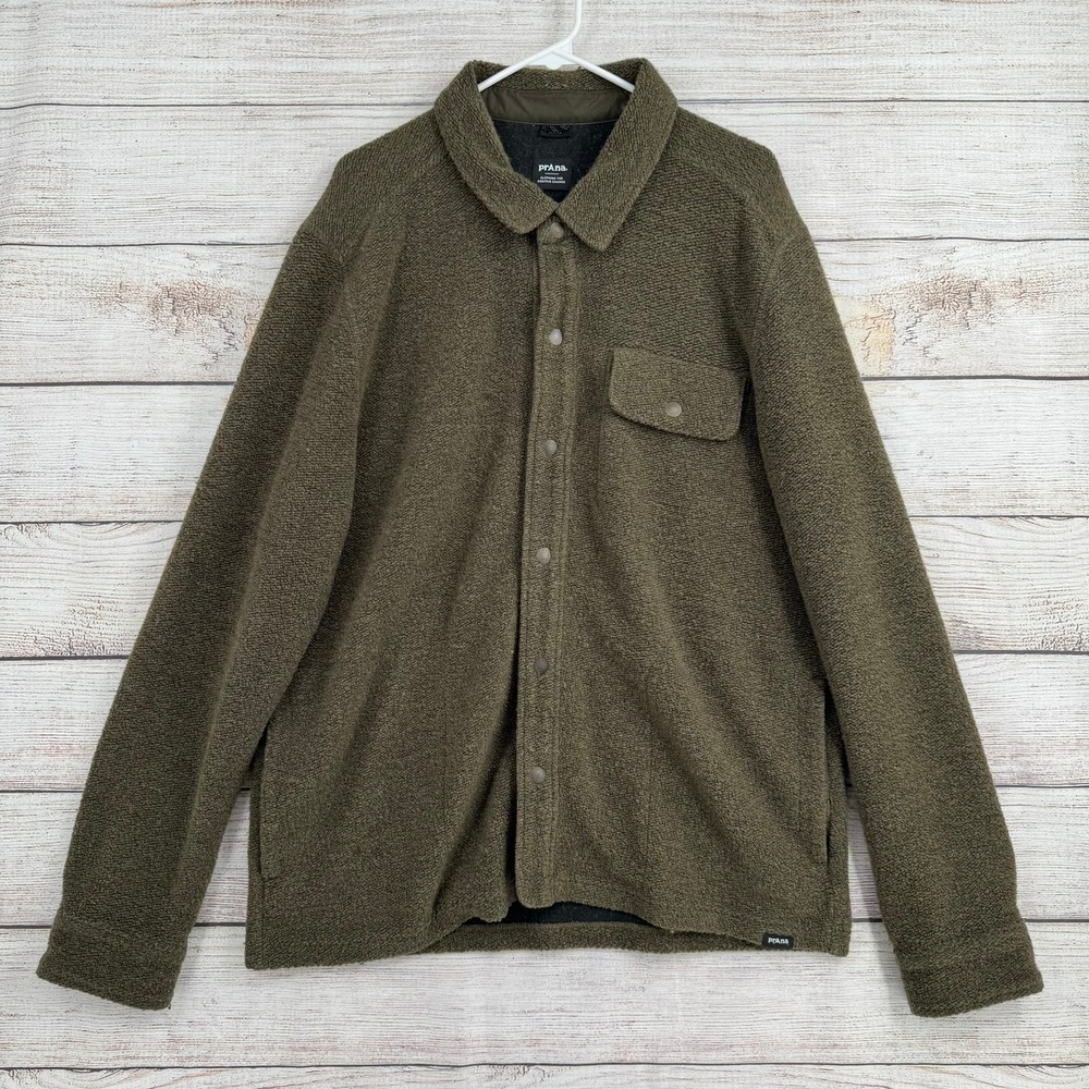 prAna Fleece Shirt Jacket Mens XL Olive Green Snap Front Boucle Shacket